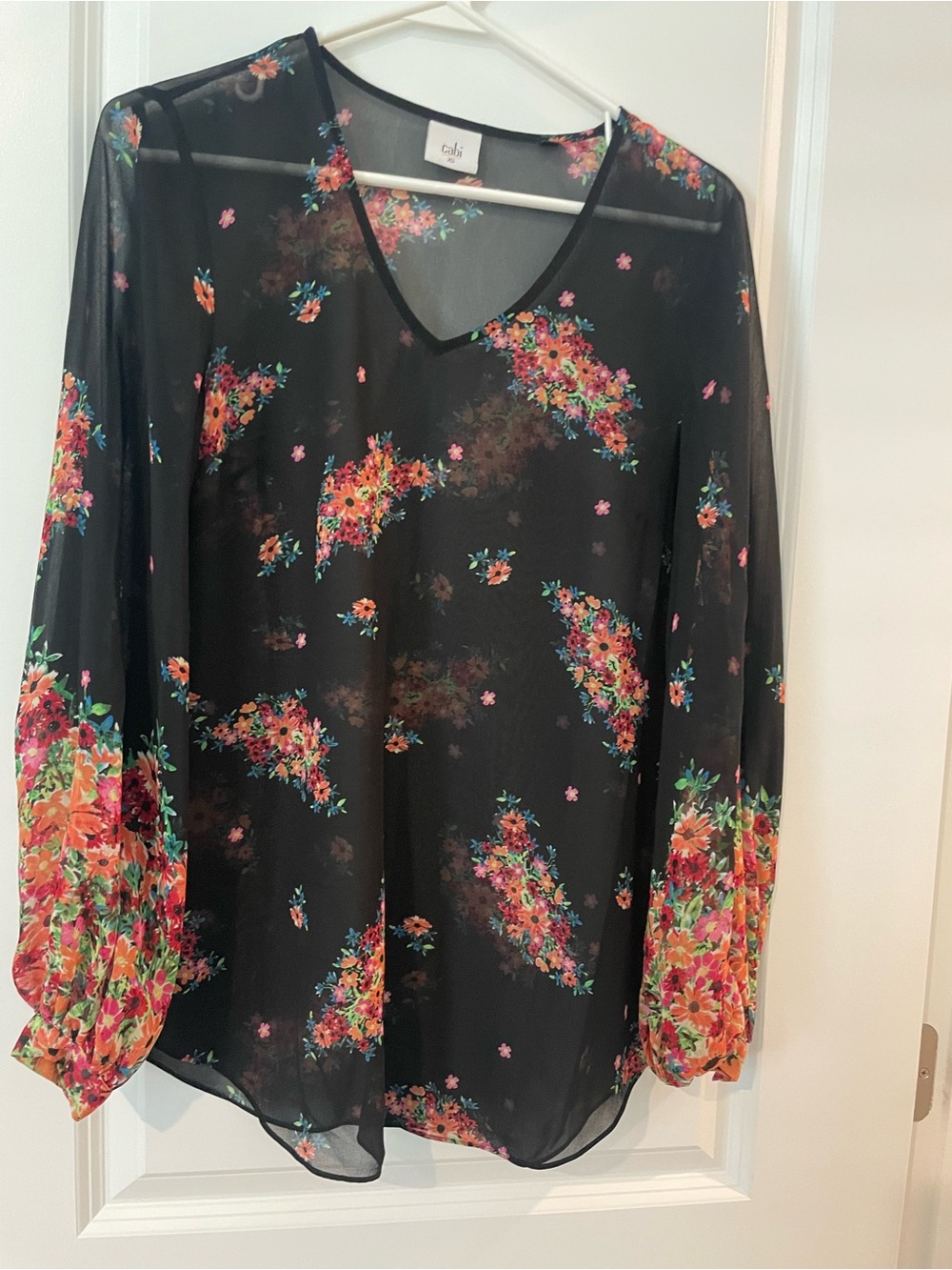 CAbi Black Sheer Floral V-Neck Blouse